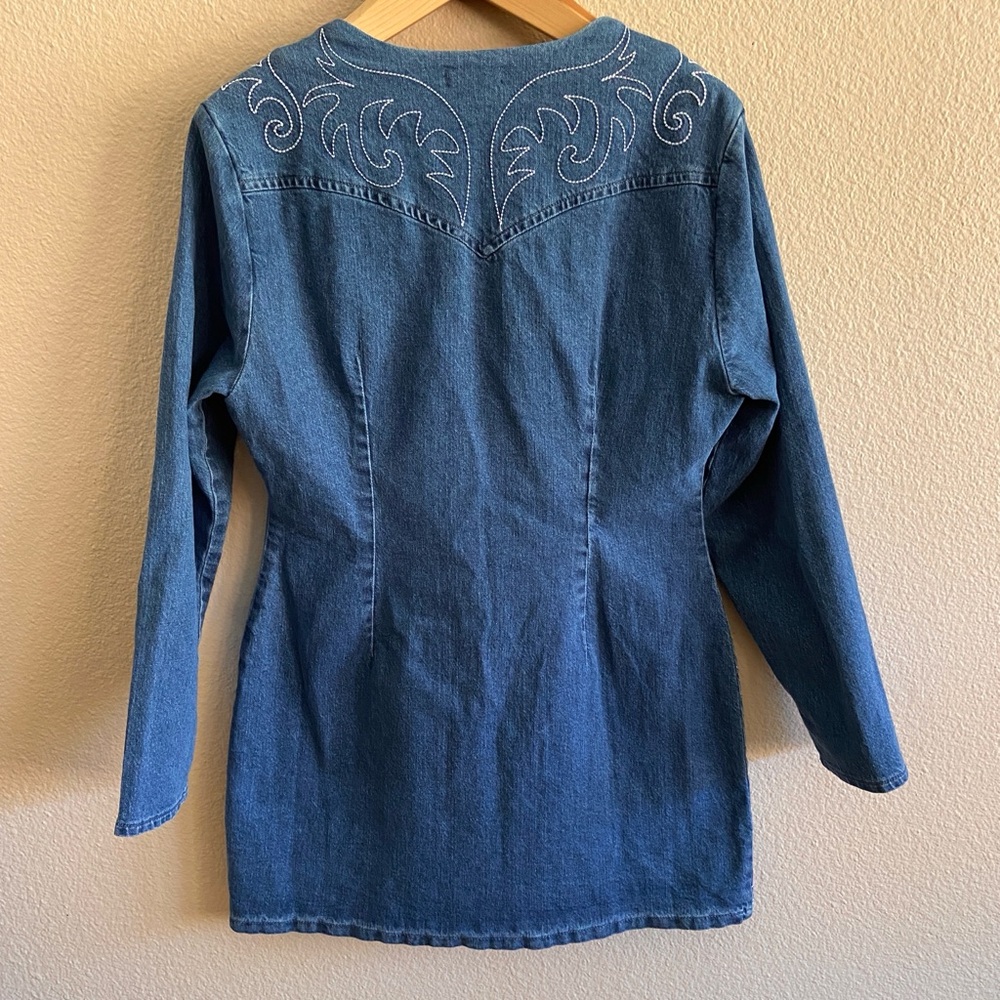 Dress - Avec Les Filles - Blue Denim - Western Boot-Like Embroidered Stitching - Picture 2 of 11